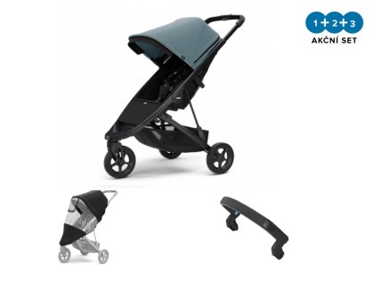 Náhľad produktu - Kočík Thule Spring Aluminum / Teal Melange 2022 + madlo + pláštenka