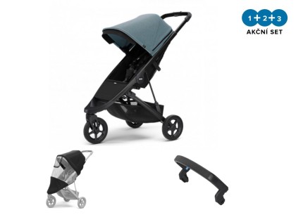 Náhľad produktu - Kočík Thule Spring Black / Teal Melange 2022 + madlo + pláštenka