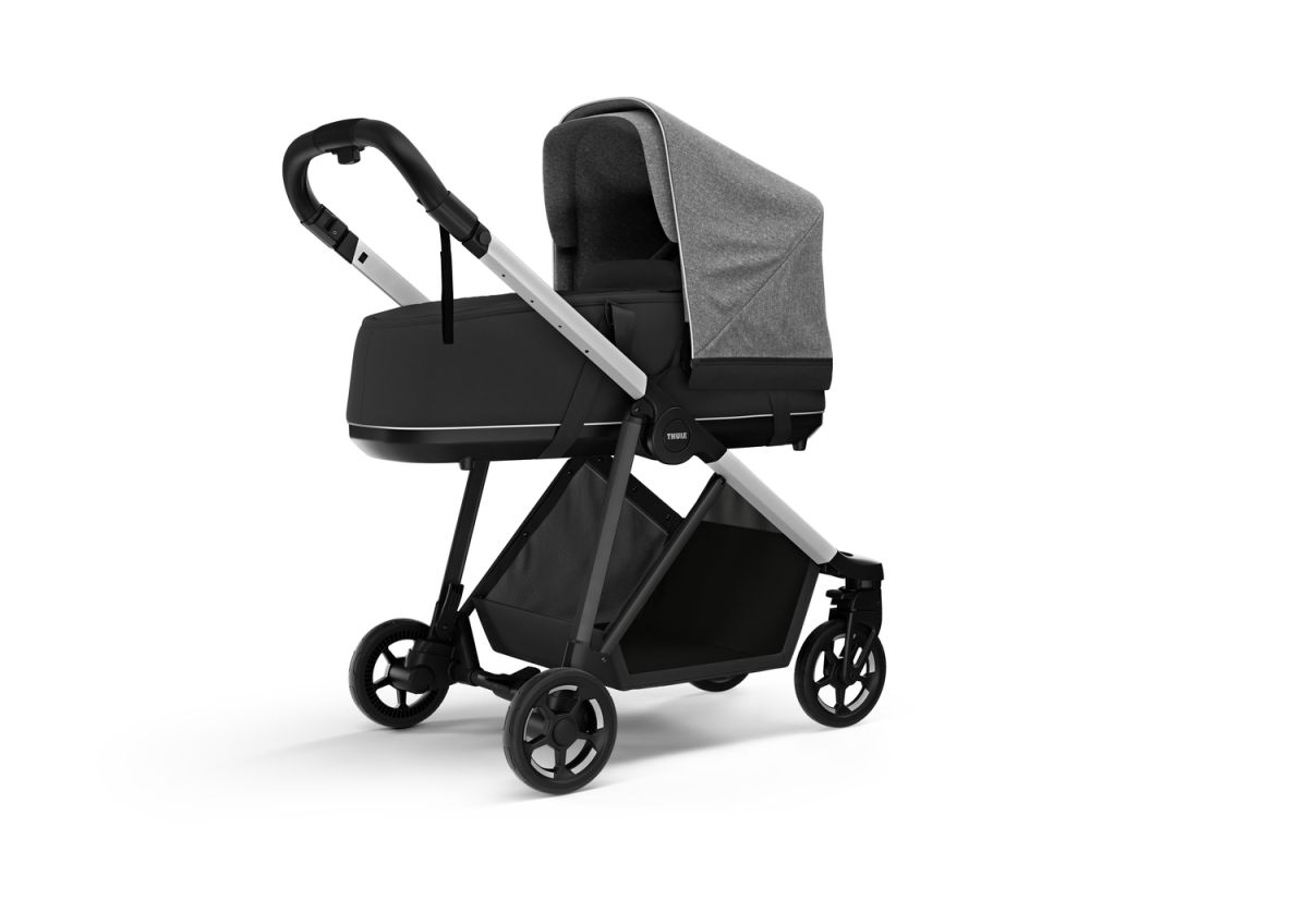 Náhľad produktu - Kočík Thule Shine Grey Melange on Aluminum 2022 + vanička + ochrana proti slnku / dažďu Thule