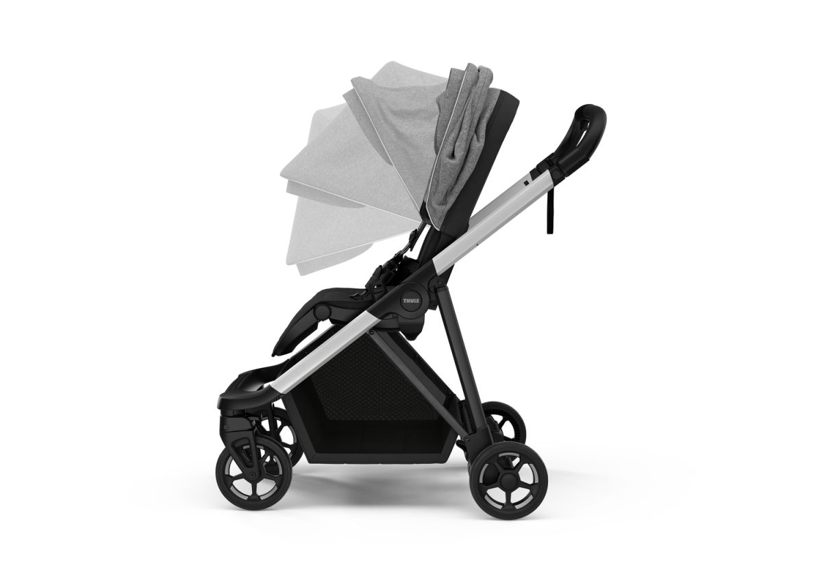 Náhľad produktu - Kočík Thule Shine Grey Melange on Aluminum 2022 + vanička + ochrana proti slnku / dažďu Thule