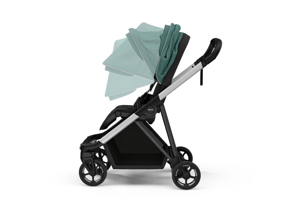 Náhľad produktu - Kočík Thule Shine Mallard Green on Aluminum 2022 + vanička + ochrana proti slnku / dažďu Thule