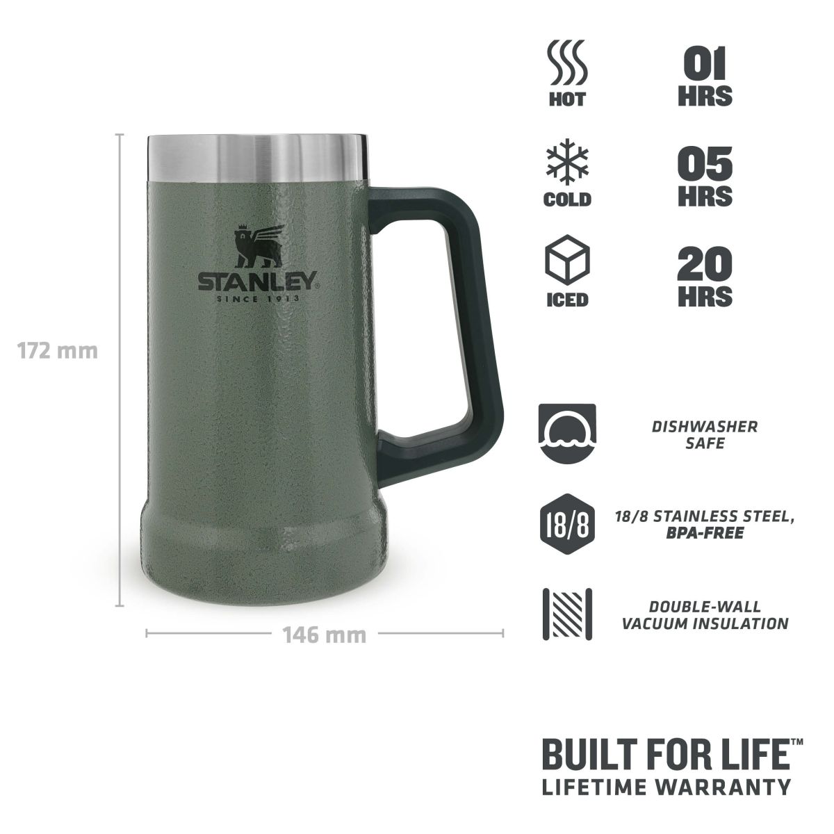 Náhľad produktu - STANLEY Korbel na pivo The Big Grip Beer Stein 700 ml/24 oz Hammertone Green
